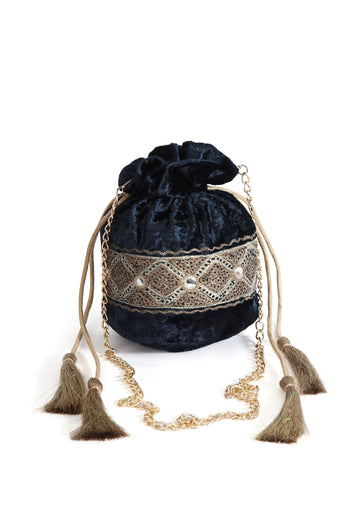 Royal Blue Velvet Tila Embroidery Potli